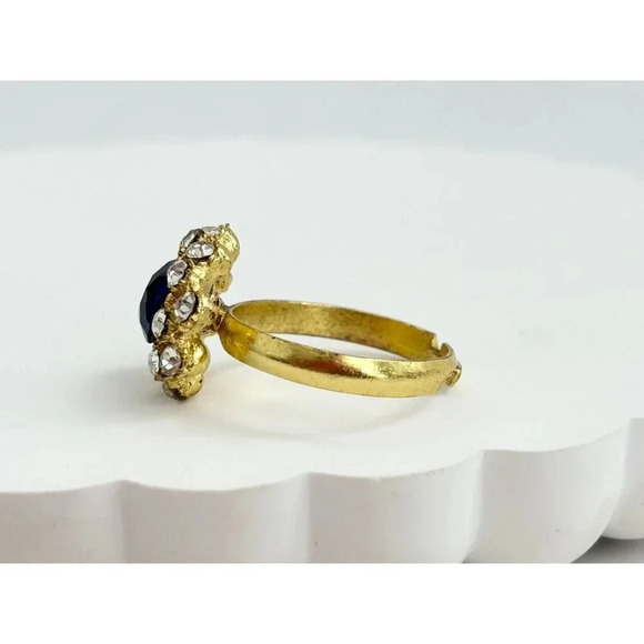 Vintage Gold Tone Blue Gemstone Halo Floral Adjustable Multi Stone Ring - size 9 - Picture 6 of 9
